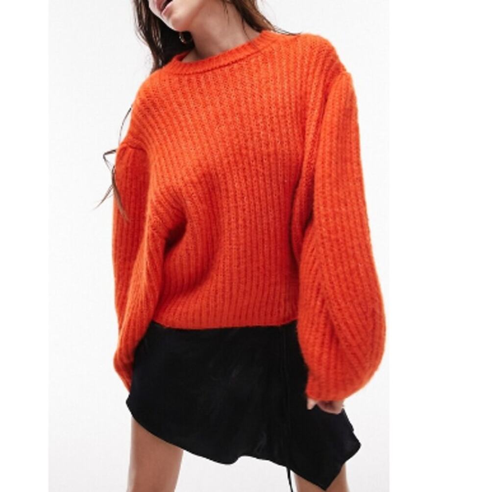 New ~ TOPSHOP NORDSTROM ~ Knit Volume Sleeve Fluffy Sweater Size 8-10 RED